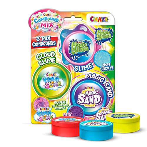 CRAZE 3 Mix Compound, Set con distintas arcillas para amasar, Magic Slime, Magic Sand y Cloud Slime, plastilina para niños, manualidades niños, 40270