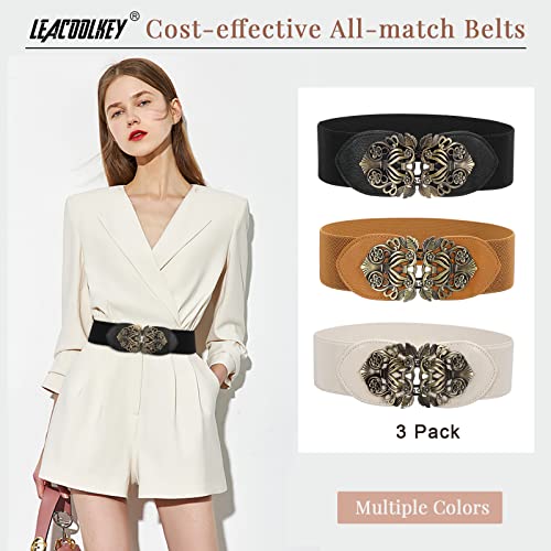 Leacoolkey 3 Pack Women Vintage Wide Waist Belt For Dress, Elastic Cinch Belt With Retro Interlocking Brass Buckle(Black+Brown+Beige,Suit For Waist Size 27"-33") #TOP1
