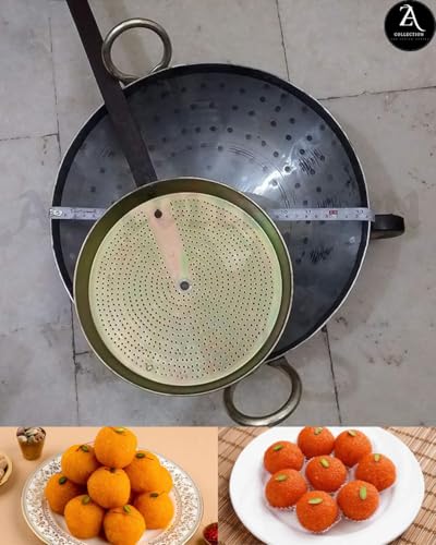 Image of A Z COLECTION Motichoor Laddu Iron Jhara, Perforated Strainer with Long Handle for Indian Sweets, Commercial and Home Use, Boondi Jhara with Long Handle Pack of 1 ((Hole Size:. 5 Number))
