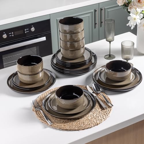 Image of LeRatio Ceramic Dinnerware Sets for 4,12-Piece Plates and Bowls,Handmade Reactive Glaze Dishes Set, Scratch Resistant | Oven&Dishwasher & Microwave Safe,Service for 4(12pcs),Modern-Chestnut