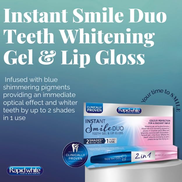 Rapid White Instant Smile Duo Teeth Whitening Gel & Lip Gloss |2 Shades Whiter in 1 Use | Neutralises Teeth Discoloration | Suitable for Sensitive Teeth | Lip Gloss Protect Lips Drying Out