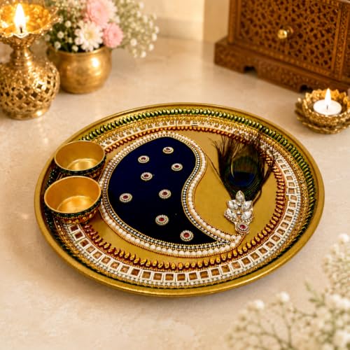 Image of Trendifly Handmade Metal Pooja Aarti Thali Set with 2 Kumkum Chandan Diya Holder | Stone Mirror Work Puja Thali Set for Home Mandir Temple Room | Wedding, Baby Shower, Home Ceremony, Pooja Return Gift
