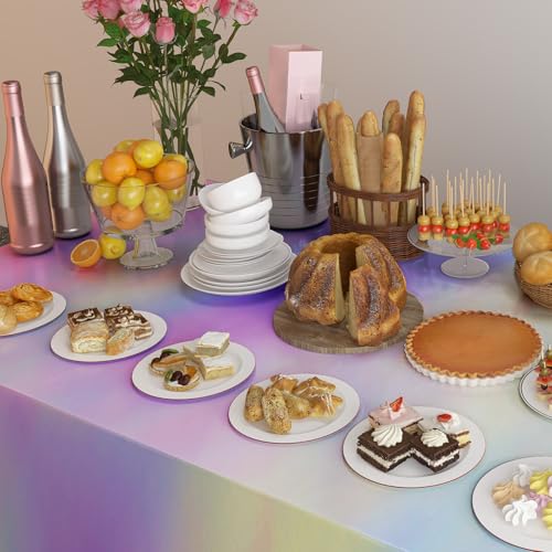 Image of 4 Pack Iridescent Plastic Tablecloths Disposable Tablet Cover 54 x 108 In | Foil Glitter Table Cloth for Rectangle Tables Indoor / Outdoor Party Decorations Birthday Princess Bridal Wedding Christmas