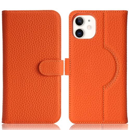 Image of Detachable Genuine Leather Case for iPhone 11 Wallet Case Magnetic 2in1 Removable Flip Cover Book Purse Compatible with Magsafe Charging Kickstand Card Holder-Orange