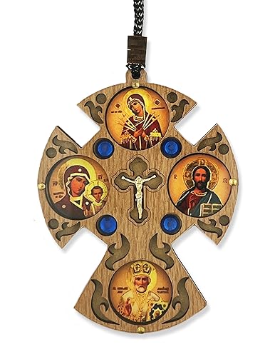 Needzo Wall Car Cross On Rope Crucifix With 4 Icons Virgin Mary Jesus Christ Saint Nicholas Virgin of Kazan 3 1/2 Inch