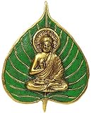 Purpledip Metal Wall Hanging Buddha: Gold Finish Buddha Idol on Painted Leaf (12188)