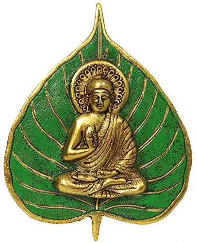 Purpledip Metal Wall Hanging Buddha: Gold Finish Buddha Idol On Painted Leaf (12188) #TOP14