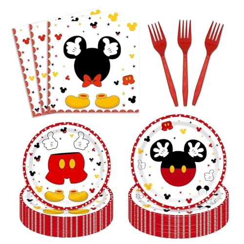 96 Pieces Red Mouse Tableware Set for Princess Happy Birthday Table Decorations Dessert Plates Napkins Forks for 24 Guests Boy Birthday Party Supplies