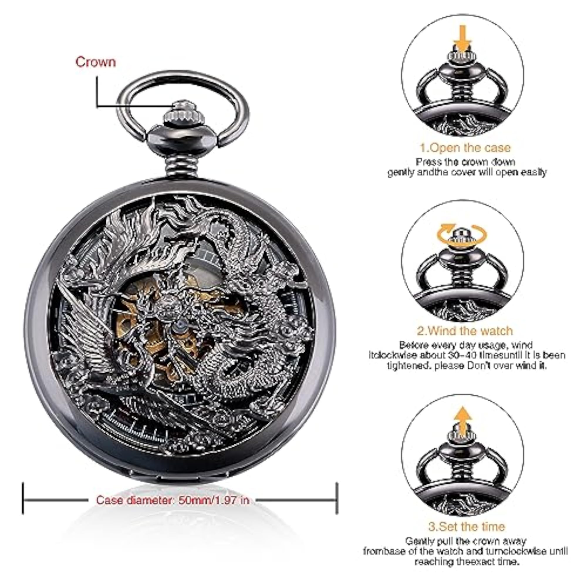 Mechanical Dragon and Phoenix Pocket Watch with Chain, Unisex
