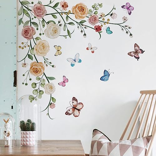 Runtoo Hanging Flower Vine Wall Art Stickers Peony Floral Butterfly Wall Decals for Girls Bedroom Living Room TV Background Home Decor - Image 2