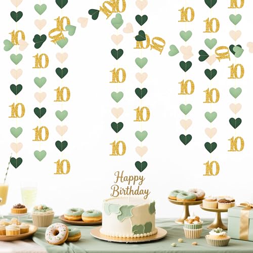 Image of Sage Green Gold 10th Birthday Decorations Sage Green Gold Heart Garland Streamer Banner Backdrop for Girls Happy 10th Birthday Double Digits I'm 10 Cheers to 10 Years Old Anniversary Party Supplies