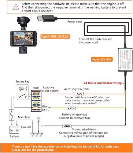 Image of Gebildet Dash Cam Hardwire Kit, Car Dash Camera Micro Charger Hard Wire Kit for Dashcam DC 12-24V to 5V /2.5A Low Voltage Protection 24h Parking Surveillance with Fuse Tap