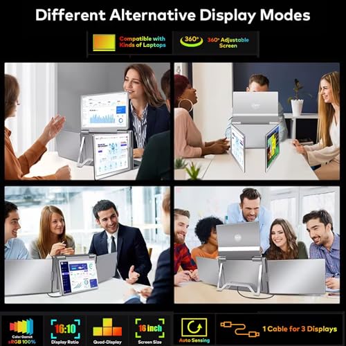 Image of TUTT 16 inch Triple Screen Portable Monitor for Laptop 12 inch-18.5 inch | Single Cable Setup | 16:10 IPS | Quad Screen Extender | Stand-Alone for Mac & Windows S788