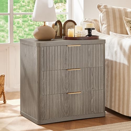 Image of LEYAOYAO 23 inch Wide Fluted Night Stand with Charging Station,3 Drawers Large End Table with Storage,Grey Nightstand Wood Bedside Tables, Farmhouse Cabinet Dresser for Bedroom,Closet