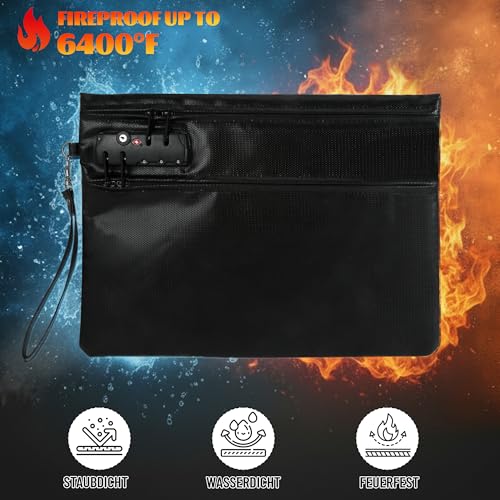 6400℉ Feuerfeste Dokumententasche mit Schloss 36 x 26 cm, 12-lagige Wärmedämmung dokumententasche, Doppeltem Reißverschlussfach für Bargeld Quittung Rechnung Reisepass, Feuer & Wasserabweisen, Schwarz