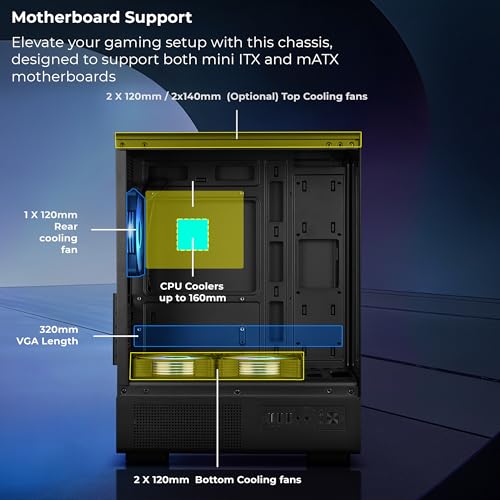 Image of Zebronics Gaming PC Cabinet, mATX /Mini-ITX Compatibility, AIO Cooler Support, 120mm ARGB Fans, Tempered Glass Design, Optimized Airflow, Magnetic Dust Filter, Bottom PSU, USB 3.0 (Maximus, Black)