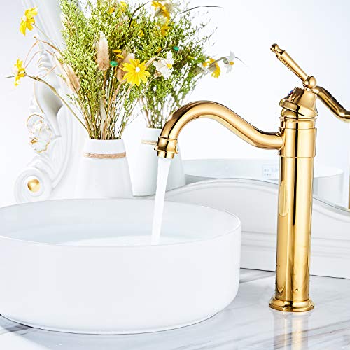 Ggstudy Tall Body Single Handle One Hole Bathroom Vessel Sink Faucets Gold Finish With Pop Up Drian Without Overflow #TOP5