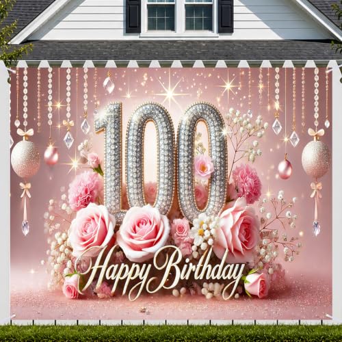 Image of Nuxovilar 100th Birthday Banner - Elegant Pink & Gold Floral Backdrop