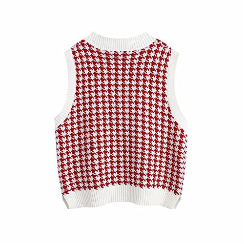 Women Oversized Houndstooth Knit Sweater Vest Sleeveless Loose V-Neck 90S Waistcoat Crop Tank Pullover Knitwear Top (Red,Small) #TOP1