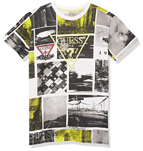 GUESS boys All Over Logo Print Organic Cotton Jersey T-shirt T Shirt, Vintage Collage Print, 14 Years US