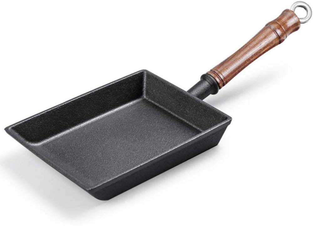 Tamagoyaki patelnia do omletów mini patelnia żeliwna prostokątna patelnia z drewnianym uchwytem, niepowlekana, szybkie śniadanie tamagoyaki, czarna patelnia wok