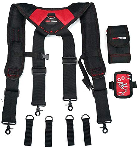 Melo Tough Magnetic Suspenders Tool Belt Suspenders With Large Moveable Phone Holder, Pencil Holder, Adjustable Size Padded Suspenders (Red) #TOP1