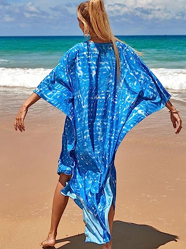 Image of sunforyou Kaftan Dresses for Women Plus Size Lightweight Swimsuit Cover up Batwing Sleeve Print Loungewear Beach Robe