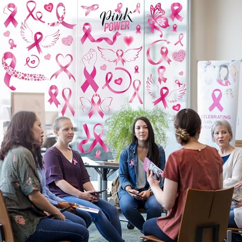 Image of 9 Sheets Breast Cancer Awareness Window Clings, 79 Kinds of Pink Window PVC Stickers for Pink Ribbon Decorations, Hope Fight Cancer Theme Windows Decals for Glass Home Decor Supplies
