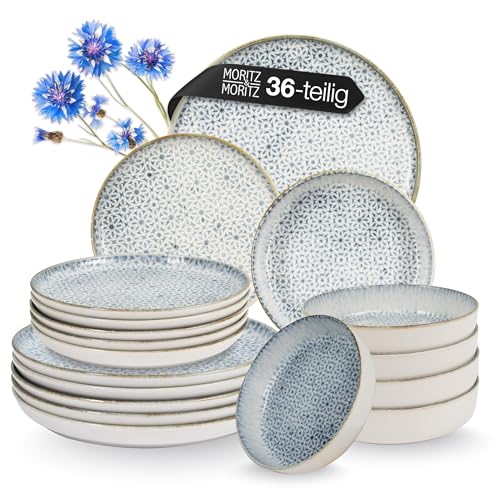 Moritz & Moritz ALHAMBRA Geschirrset 12 Personen 36-tlg. aus hochwertigem Porzellan - Modernes Tafelservice in Blau - Pflegeleichtes Geschirr Set aus je 12x Speiseteller, Dessertteller und Schalen