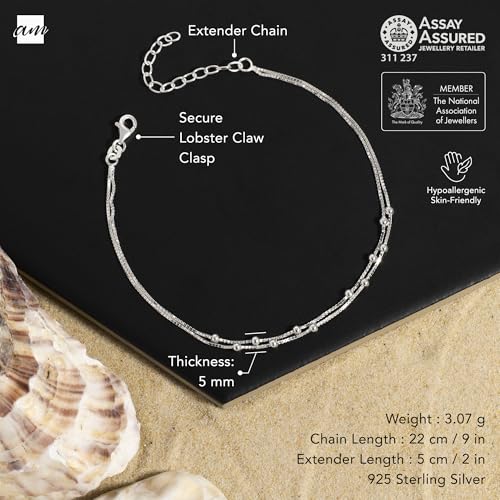 Image of Amberta Italian Sterling Silver Anklet for Women 925 | Adjustable Ankle Bracelets for Women Beaded Heart Summer Jewellery