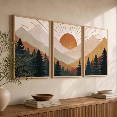 Image of kotart Boho Mountain View Framed Painting | Big Aesthetic Nature Inspired Framed Paintings for Living Room Bedroom Wall Decor Set Of 3 (20x30 Inch)
