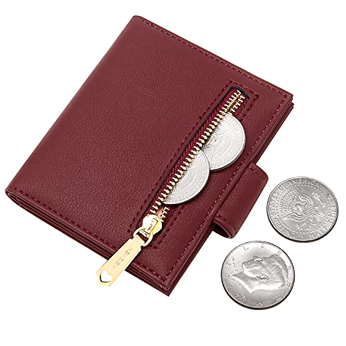 Image of Badiya Small Wallets for Women Bifold Multi Card Case Wallet Slim Credit Card Holder with Zipper Coin Purse, Wine Red, one size, Minimalist