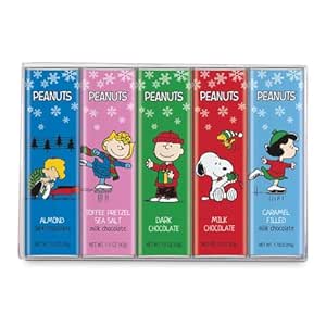 Peanuts Chocolate Winter Variety Gift Pack, Snoopy Gourmet Bar Snack Set, Charlie Brown Gifts for Kids, 1.5oz 5-Bar Rich Belgian Chocolate Holiday Box Set, Kosher Candy,