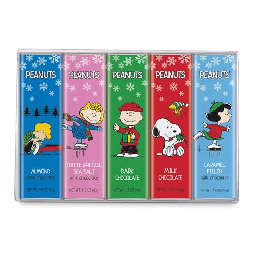 Peanuts Christmas Chocolate Winter Variety Gift Pack, Snoopy Gourmet Bar Snack Set, Charlie Brown Gifts for Kids, 1.5oz 5-Bar Rich Belgian Chocolate Holiday Box Set, Kosher Candy,