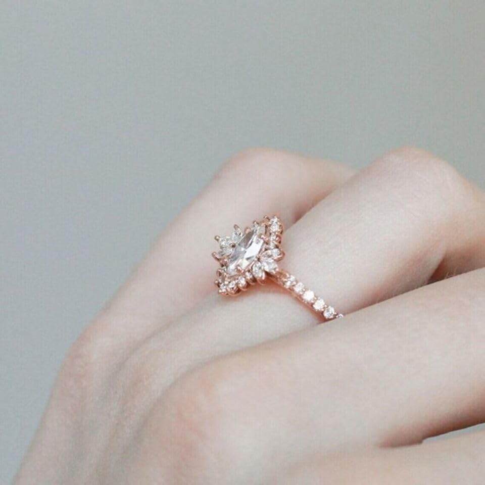 2 Ct Marquise Cut Diamond Nature Inspire Floral Solitaire Vintage Style Engagement Rings For Women 14K Gold Plated 925 Sterling Silver Handmade Delicate Wedding Ring Gift For Her3