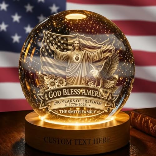 Image of 250 Anniversary USA Merchandise, Personalized 250th Anniversary Crystal Ball Night Light, Custom 1776-2026 USA LED Lamp, Engraved Patriotic Gift, American Independence Decor Light for Desk