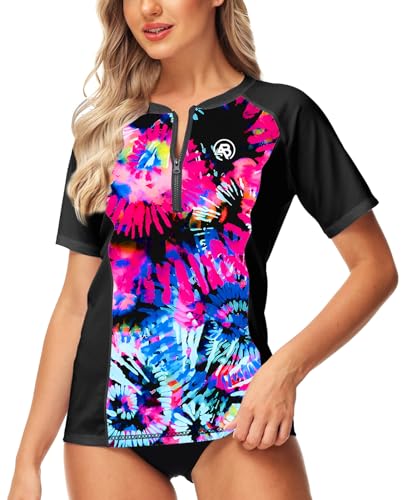 Image of AOBUTE Women Zip Rash Guard UPF 50+ Gradient Short Sleeve Swim Top Surf Shirts