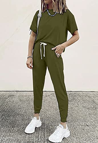 Image of PRETTYGARDEN Women Summer Two Piece Outfits Striped Short Sleeve Pullover and Long Pants Tracksuit Travel Pajama Lounge Set
