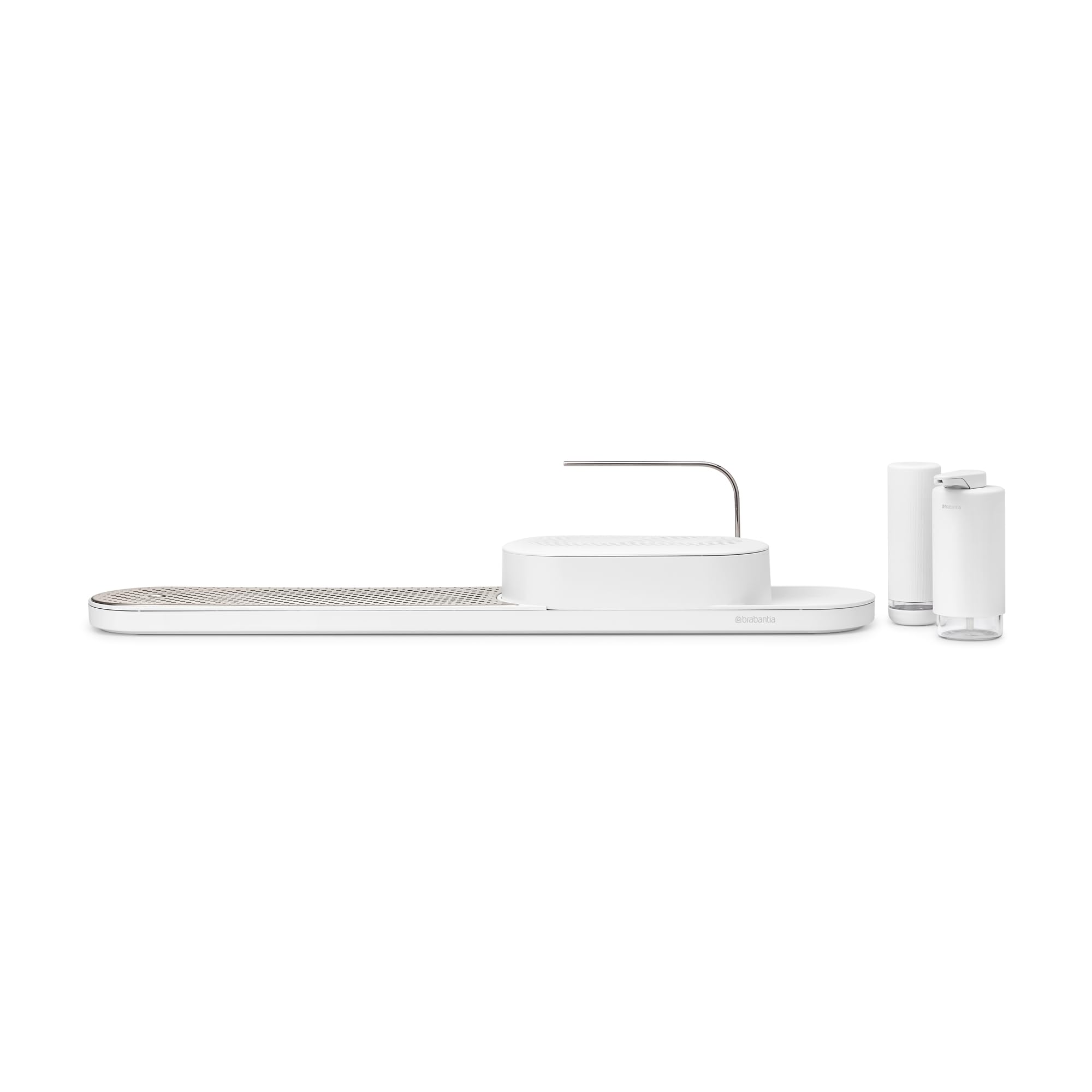 Brabantia - Conjunto SinkStyle con organizador fregadero, bandeja de secado, dispensador de jabón y placa de acero inoxidable extraíble - Mineral Fresh White