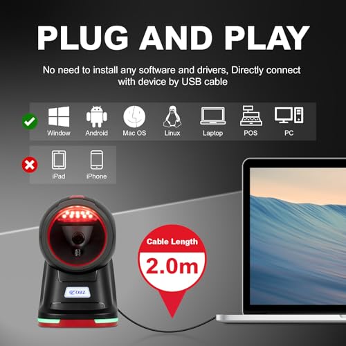 OBZ Desktop Barcode Scanner 1D 2D, Omnidirektionaler QR Code Scanner Hands-Free USB-Kabelgebundener Barcode-Leser mit Hochauflösendem Megapixel-Sensor für den Einzelhandel POS, Mobile Payment