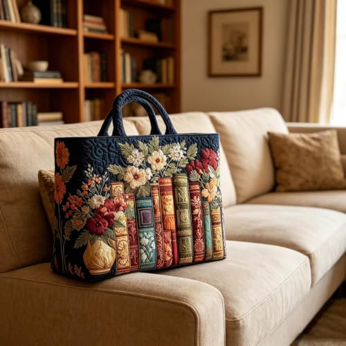 Vintage Books & Flowers Quilted Tote Bags for Women Bookish Womens Handbags - image 4