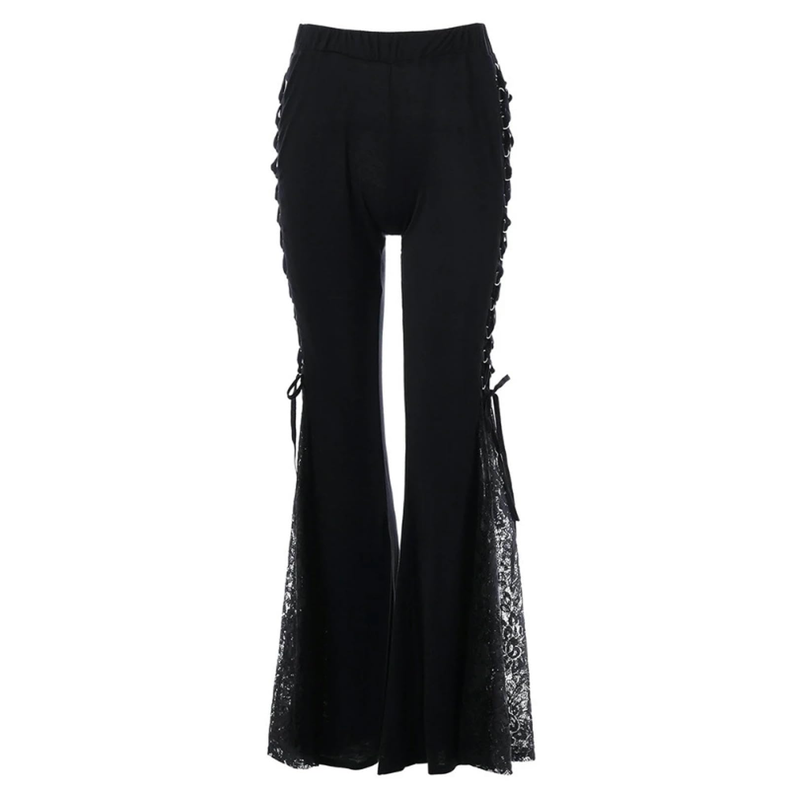 Pantaloni Svasati in Pizzo Punk Gotico Allacciati Slim Moda Fasciatura Taglia Pantaloni a Zampa d'elefante per Le Donne Pantaloni Sottili Estivi Larghi Neri Pantaloni Lunghi-Stile 1-L