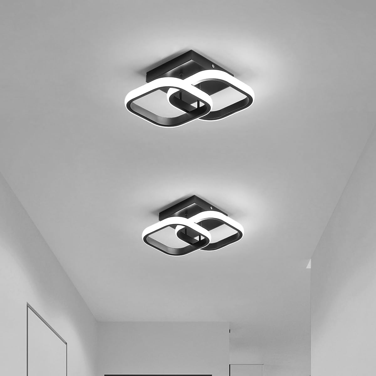 Small LED Hallway Ceiling Light, 2 Square Frames Modern Ceiling Light, 6500K Flush Mount Ceiling Light Fixtures for Hallway Living Room Bedroom Kitchen Closet, Black