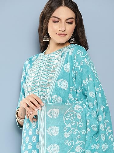 Image of INDO ERA Women's Printed Pure Cotton Kurta With Pant & Dupatta Set (23APR040)
