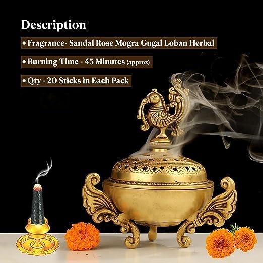 Image of DHOOP Zipper Pouch VIDHAN Wet DHOOP | Herbal | Long Lasting Fragrance for Daily Pooja, Havan, Meditation and Yoga | 20 Sticks in Each Packet Pack of 5 (Rose MOGRA Sandal GUGGAL LOBAN)