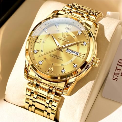 Image of OLEVS Men Watch Blue Gold Analog Quartz Stainless Steel Waterproof Luminous Date Luxury Casual Watch