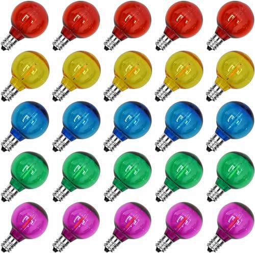 Image of GOOTHY 25 Pack G40 LED Multicolor Christmas Replacement Light Bulbs, E12 Candelabra Base LED Globe Bulbs for Outdoor Christmas String Lights, 0.6W Shatterproof Round Colorful Christms Light Bulbs