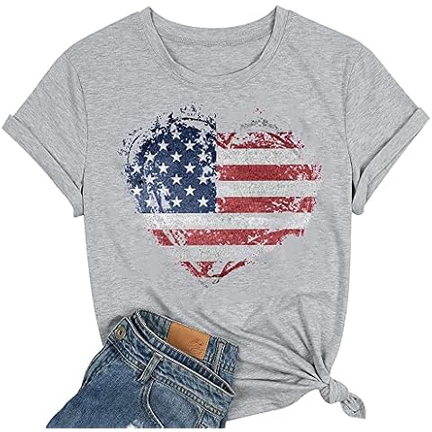 Ovazly Women American Flag Shirts USA Flag Stars Stripes Graphic Blouse Patriotic Shirt 4th of July T Shirt Summer Tops Tee(Large,Grey02) Cover