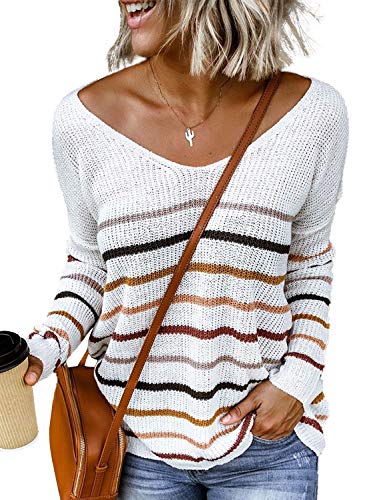 Dokotoo Womens Juniors Cute Cotton Summer Fall Crewneck One Off Shoulder Striped Long Sleeve Oversized Baggy Lightweight Comfy Cozy Cable Knit Beach Pullover Long Tunic Sweaters Tops Shirts L