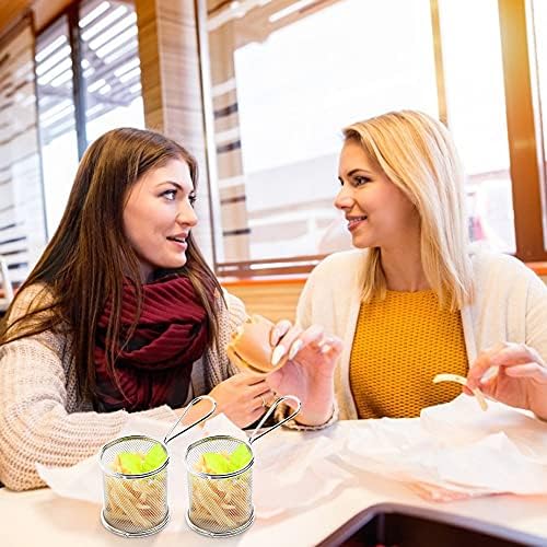DECARETA Chip Serving Frying Baskets 2 Pcs Mini Chip Baskets with 2 Cups,Chef Chrome Fry Basket Set,Stainless Steel French Fry Cooking Tapas Food for Table Serving Food Presentation Kitchen Use